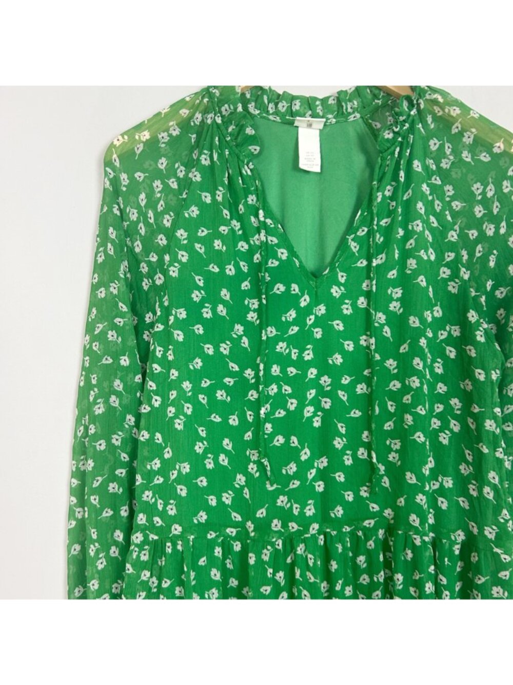 H&M Green Floral Chiffon Maxi Dress Tiered Cottage Prairie Size XS Women's - Picture 3 of 6